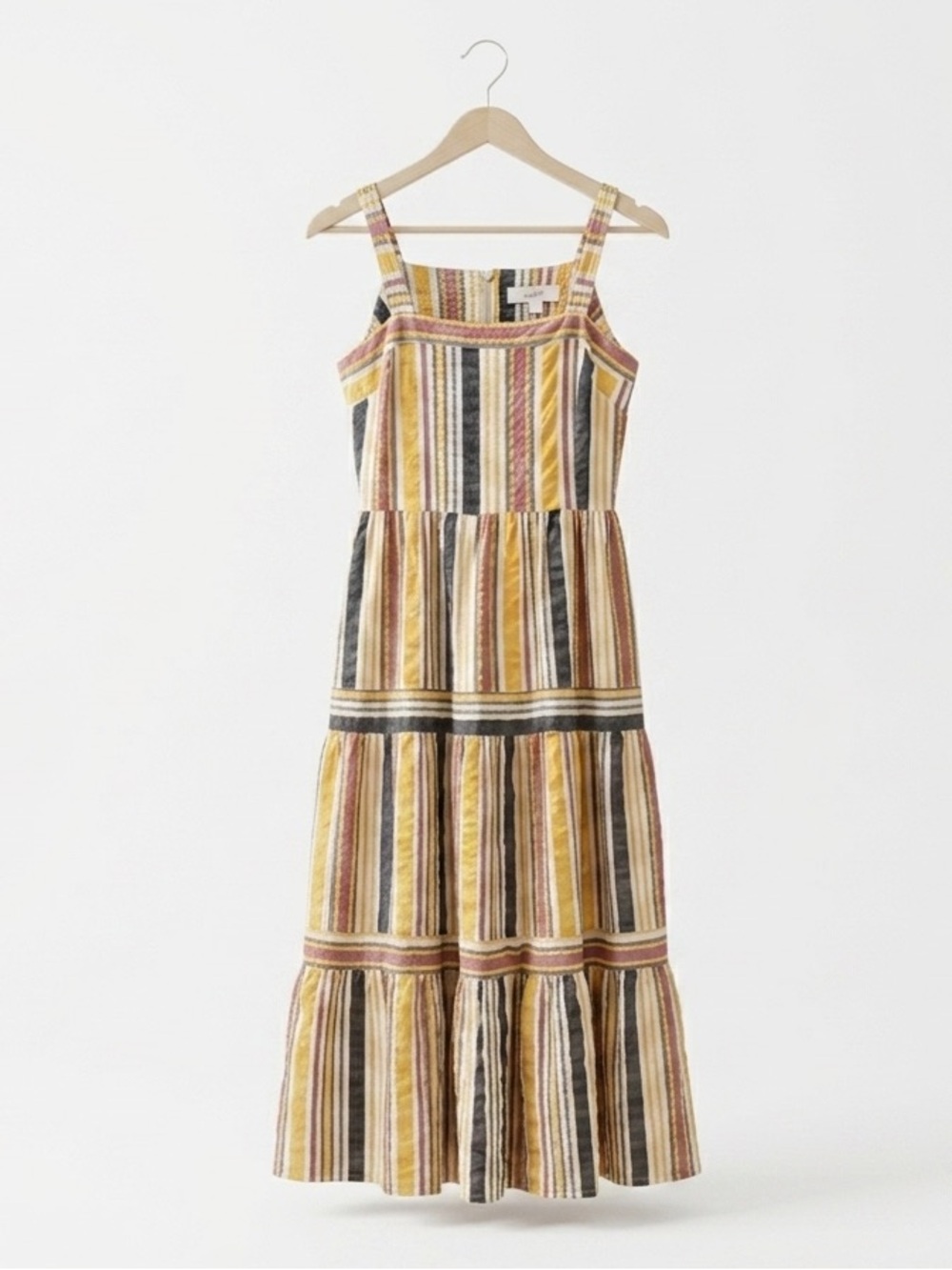 LOFT Striped Tiered Midi Dress - Yellow, Black, Cream